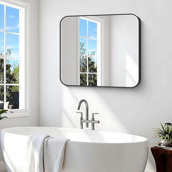 Bathroom Mirror, 36 x 30 inch Metal Framed Black Rectangle Mirror, Rounded