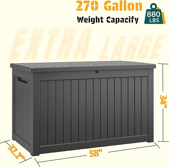 NUNU LAB 270 Gallon Large Resin Deck Box, Waterproof Outdoor Storage Box