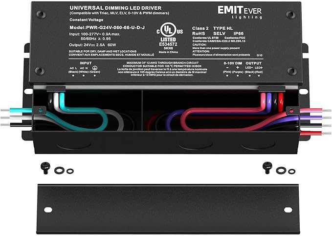 EMITEVER Dimmable Led Driver, 2 Packs 60W AC 110V-277V to DC 24V Transformer
