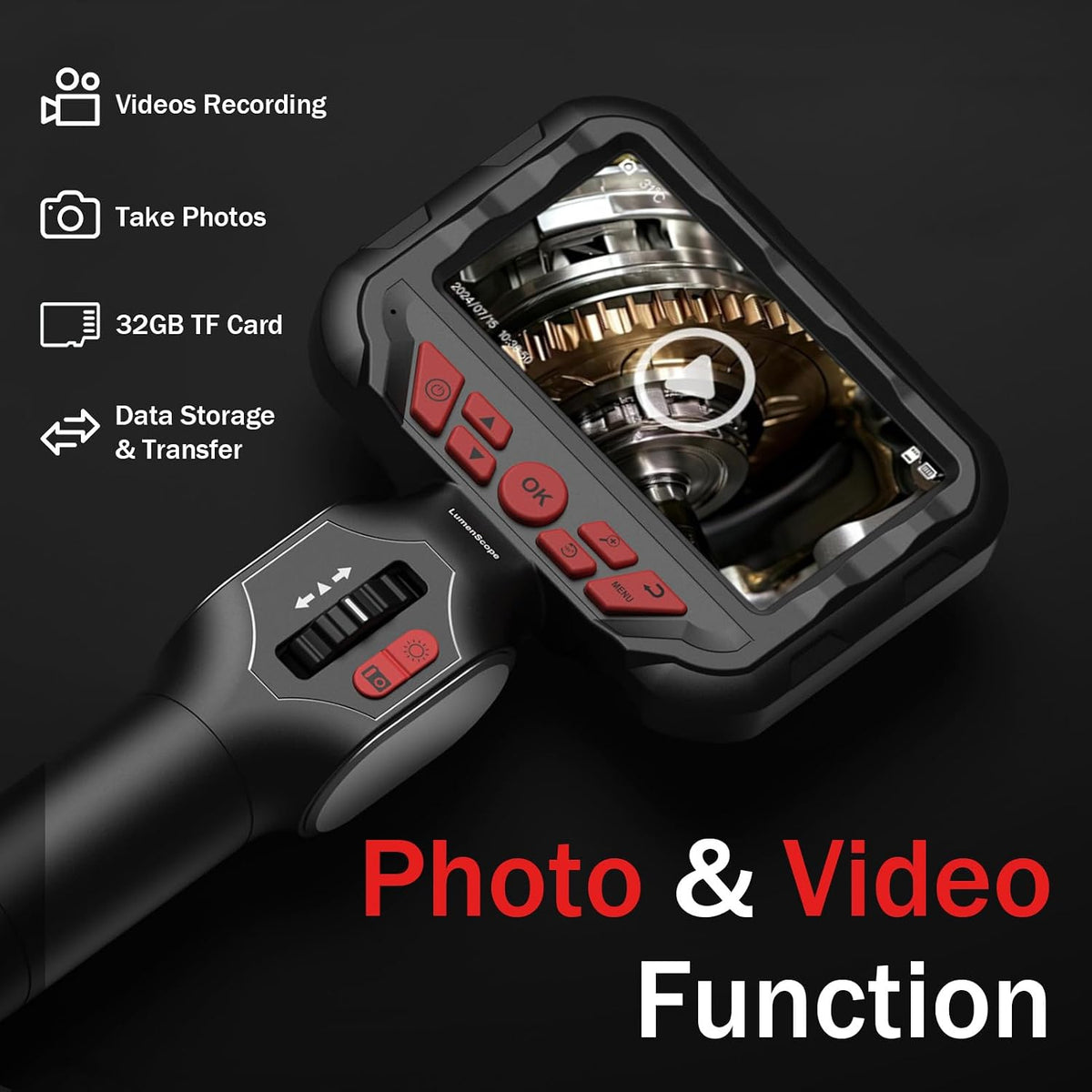 2-way articulating borescope w/light,0.24in probe endoscope for auto on a desk or shelf