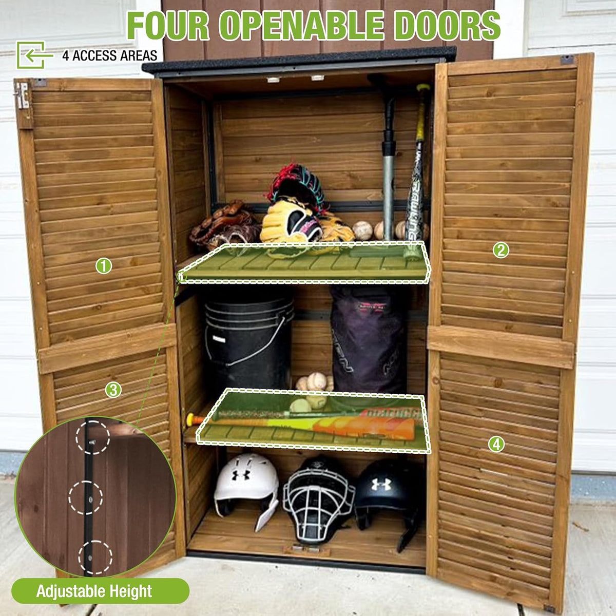 outdoor storage shed with adjustable shelfs tool cabinet, side view