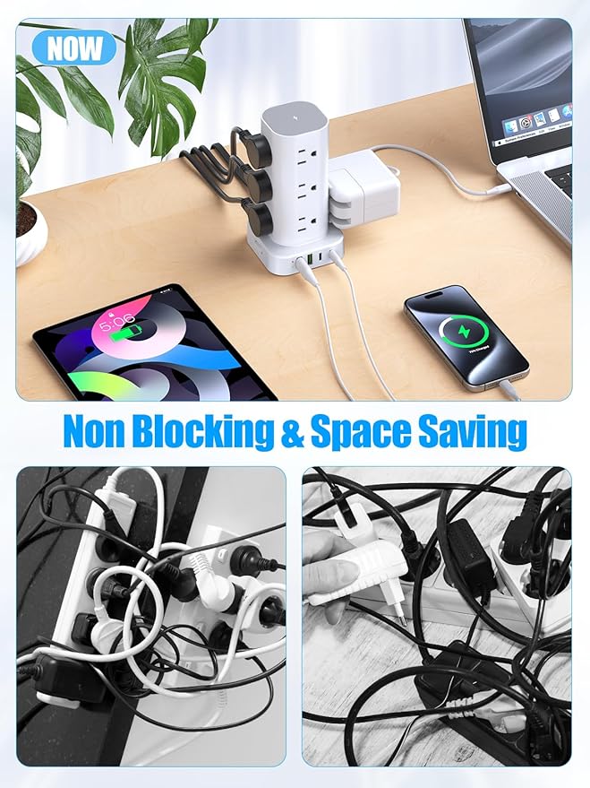 Tower Power Strip with 15W Wireless Charger, 10FT Flat Plug Extension Cord with