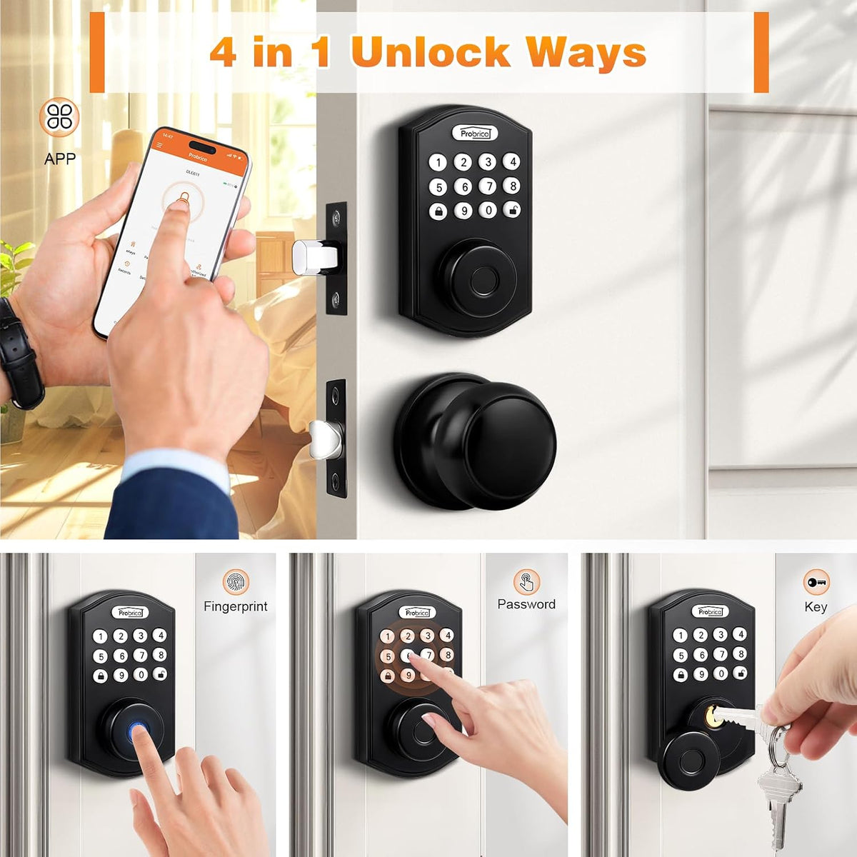 probrico smart keyless entry door lock with knob shown in use