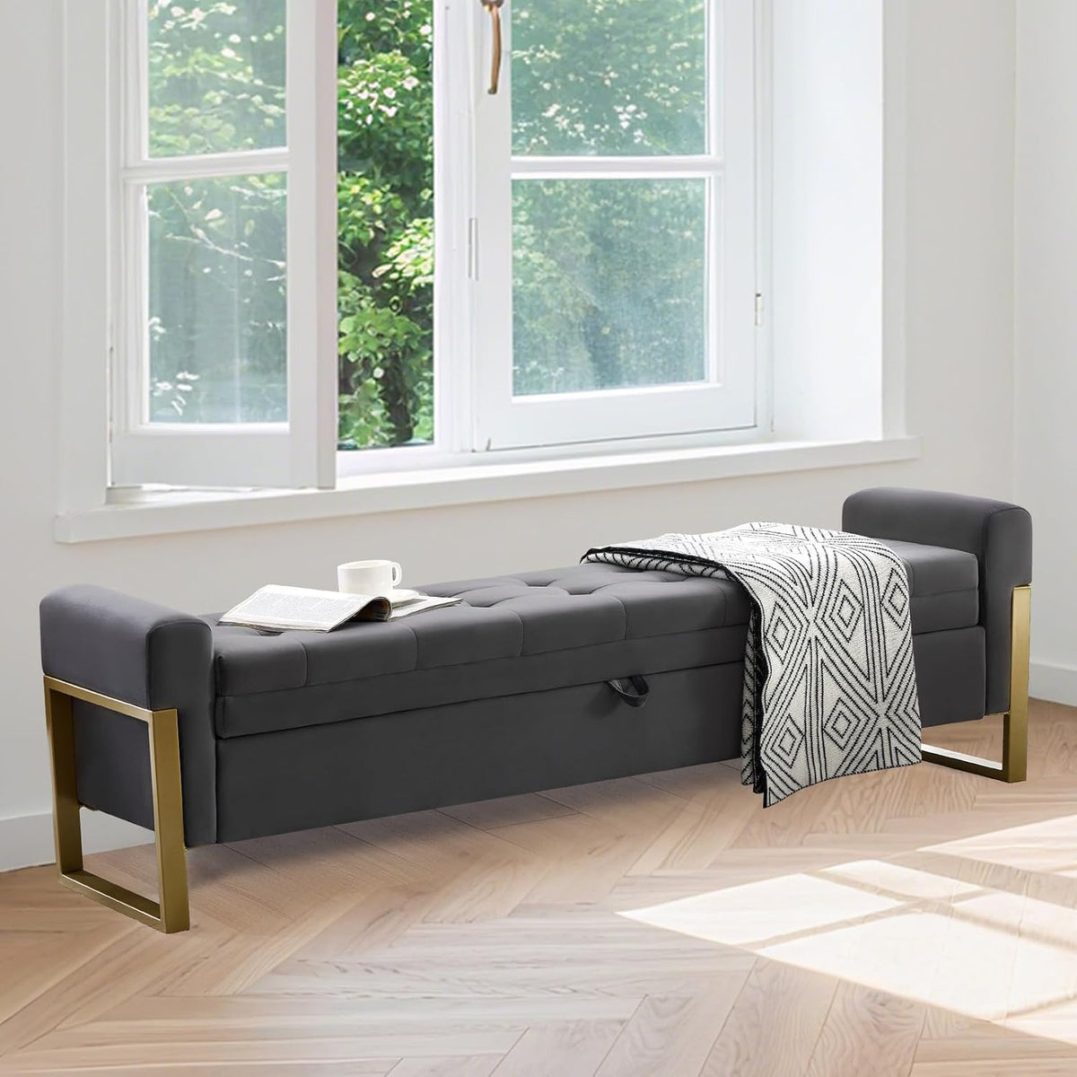67" Storage Bench for Bedroom, King Size End of Bed Bench, Upholstered Storage Ottoman Bench with Golden Metal Legs, Bedroom Bench for Entryway, Dark Grey