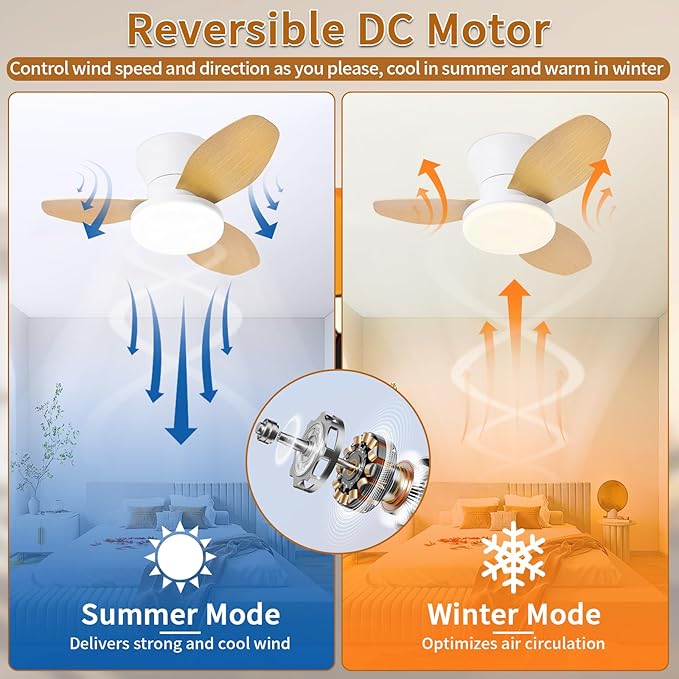 Glowall Small Ceiling Fan with Lights, 25 Inch Flush Mount with Remote Control