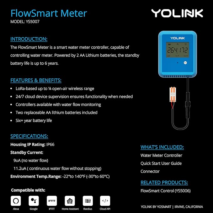 YoLink FlowSmart NSF Water Meter, Smart Water Usage Monitor and Water Leak