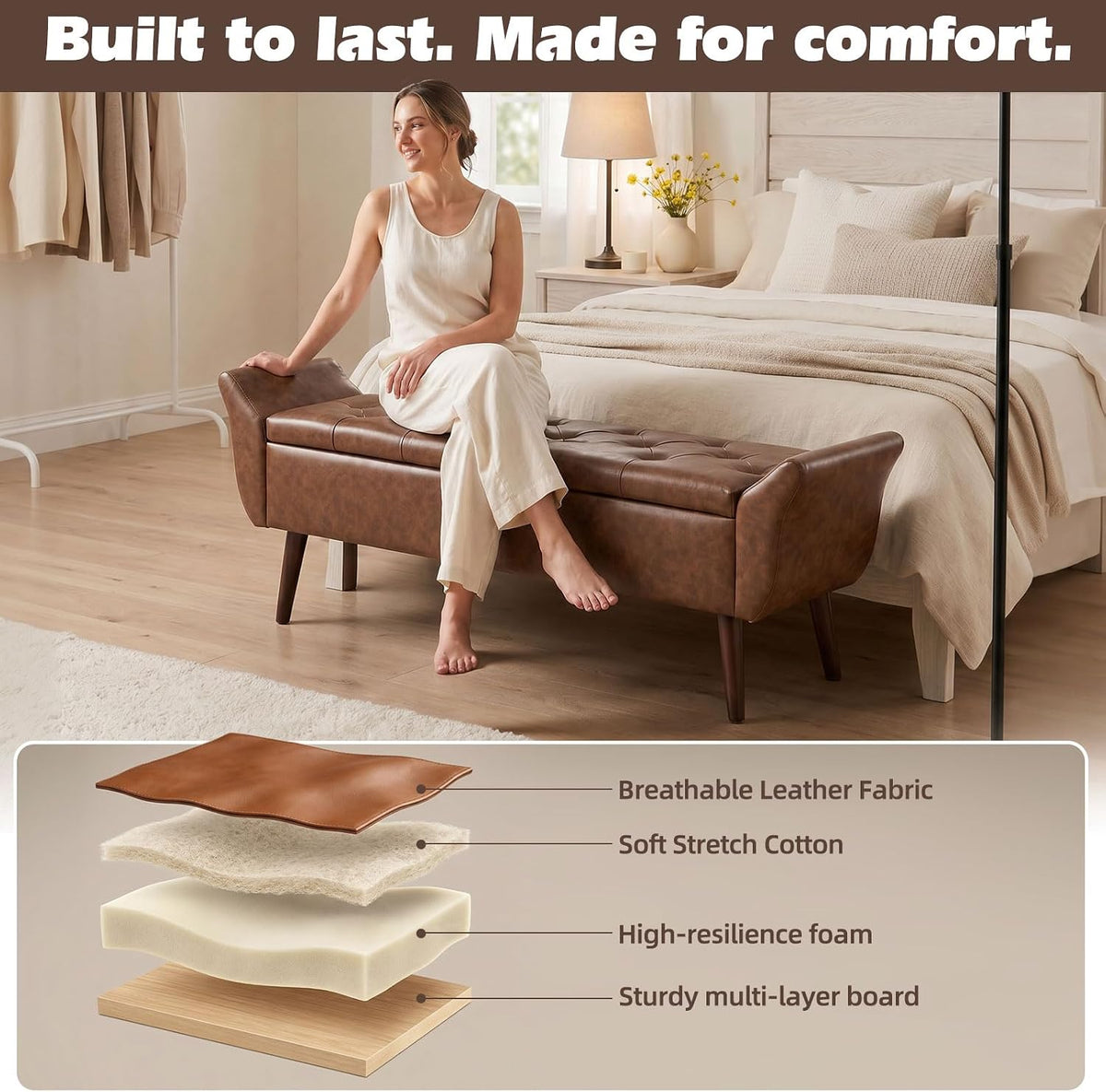 zzw storage ottoman bench 64’’ leather end of, side view