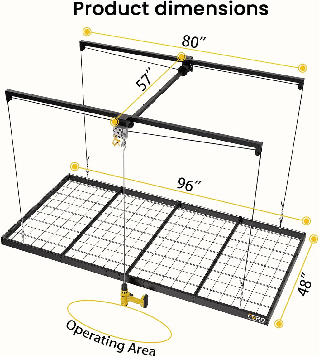 fero overhead garage storage rack 4x8, 500 lb, side view