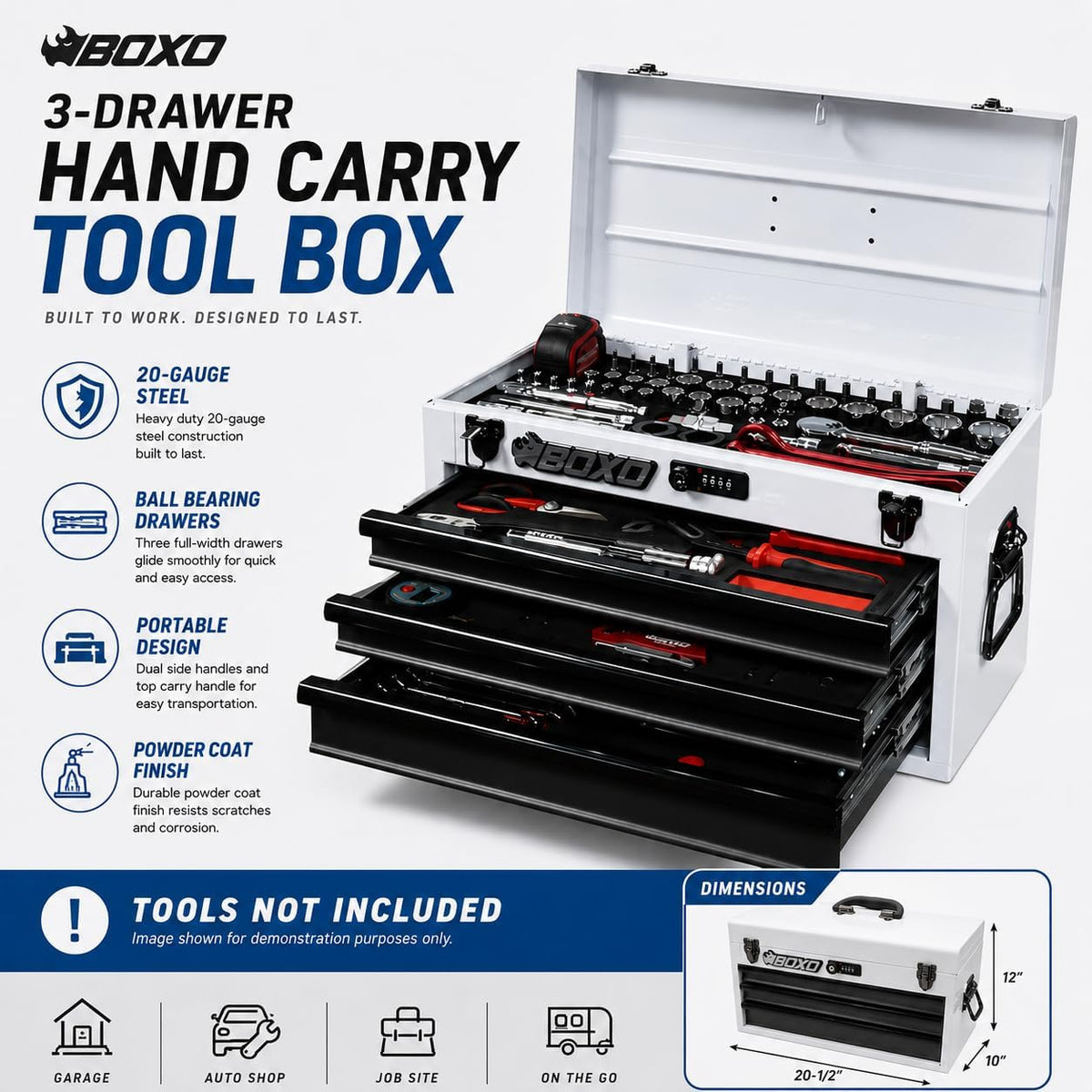 Boxo USA 3-Drawer Hand Carry Toolbox – Heavy Duty 20-Gauge Steel Portable Tool Box with Ball Bearing Drawers, Dual Key & Combination Lock, Powder-Coated Finish (Black)