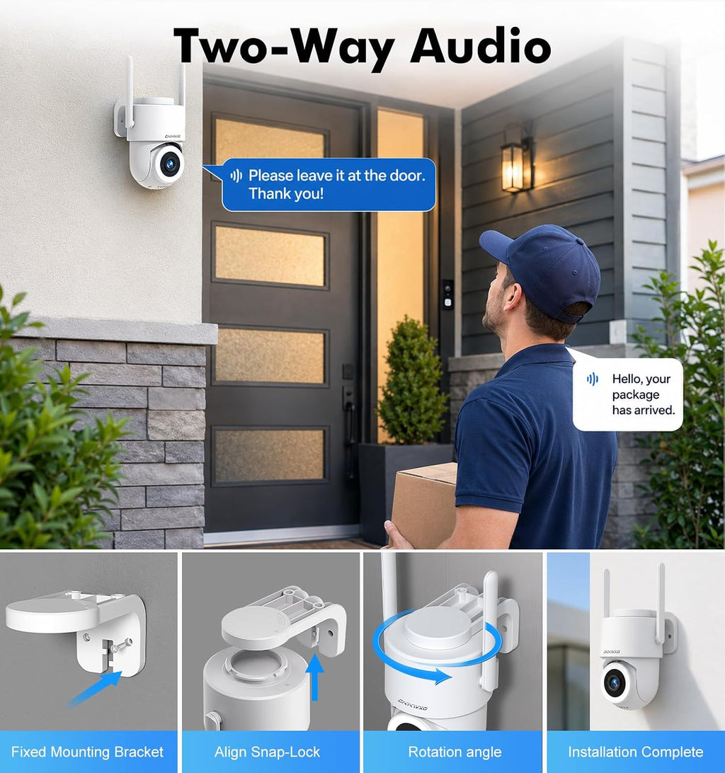 2.5k outdoor wifi security camera, plug-in, 360° ptz, front angle view