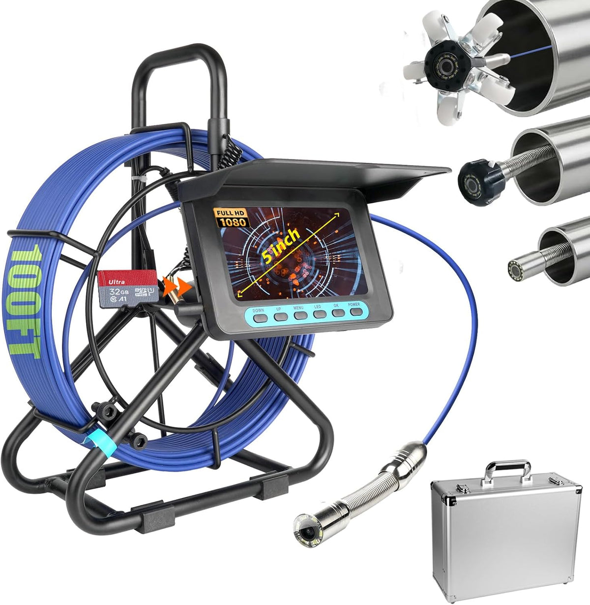 box-type100ft sewer camera 5" screen 1080p hd pipe, close-up detail