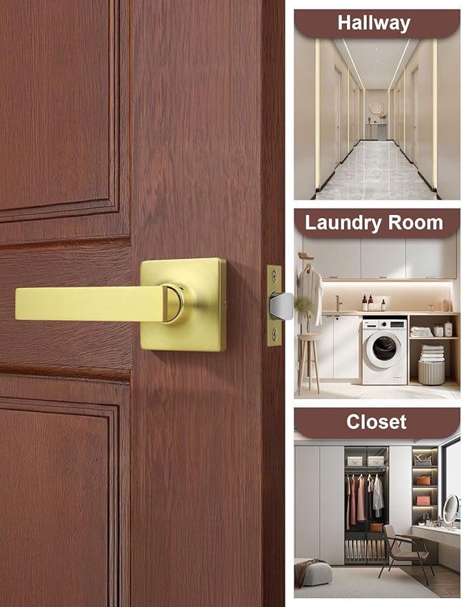 Mengico 5 Pack Passage Door Levers Gold Finish, No-Locking Keyless Square Door
