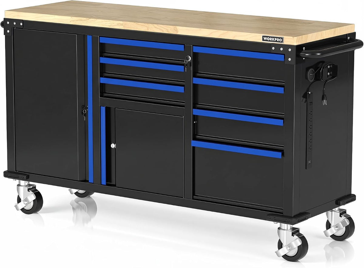 WORKPRO 62" x 20" Rolling Tool Chest, 7-Drawer & 2-Door, Blue & Black