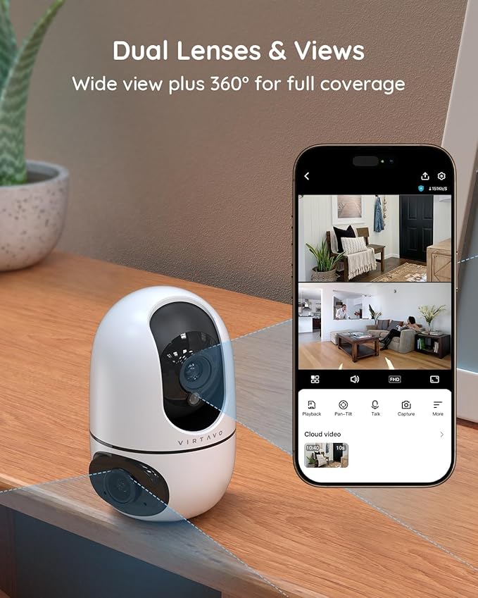 virtavo XD1 Indoor Pet & Baby Camera, No Subscription Required, Dual-Lens 360° (2 Pack)