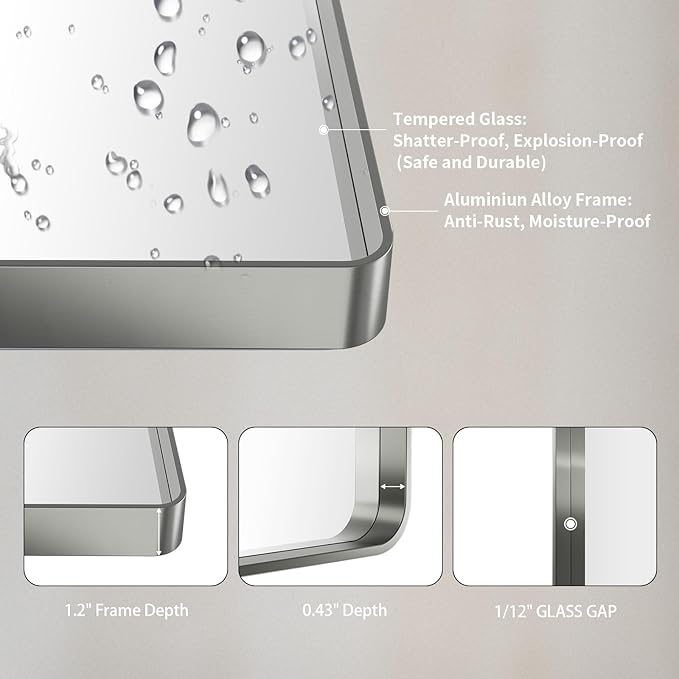 LOAAO 40X32 Inch Brushed Nickel Bathroom Mirror, Rounded Rectangle Silver Metal