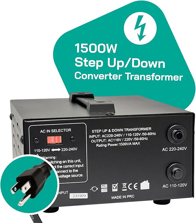 LiteFuze 1500 Watt Voltage Converter Transformer Step Up/Down - 110v to 220v /