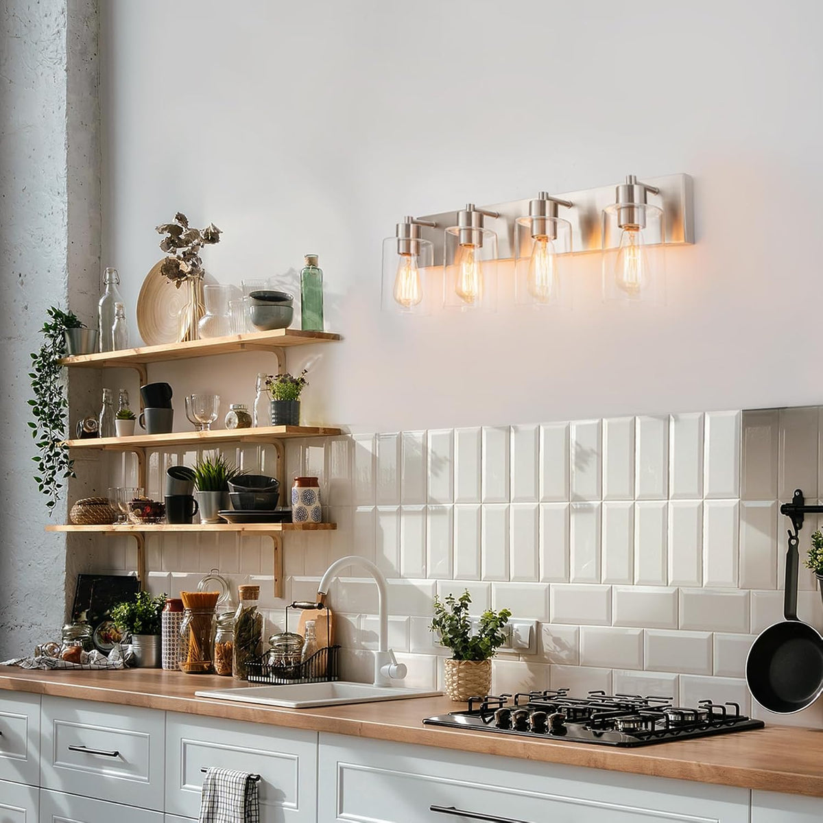 4-Light Brushed Nickel Bathroom Vanity Lights, Clear Glass | Brushed Nickel Metal Frame,Up/Down Wall Mount,cylinder Glass Shade,Kitchen Hallway Bedroom Indoor Use,Easy Install,E26 Base
