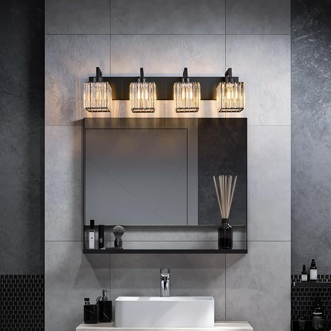 FDPBY Black Bathroom Light Fixture, 4-Light Crystal Vanity Lighting, Bathroom