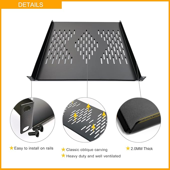 RIVECO 2 PCS 1U Server Rack Shelf 19” Rack-Mount Trays 16 Inches Vented