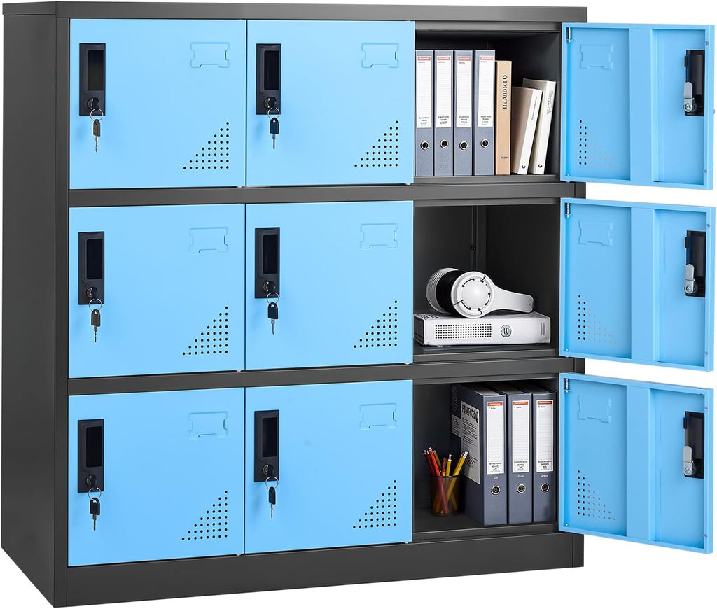 VEVOR 9 Doors Metal Locker for Employees, Steel Locking Storage Cabinet with Card Slot and Ventilation, 2 Keys for Each Door, Employee Lockers for Office, School, Gym, Home, Easy Assembly, Blue&Black