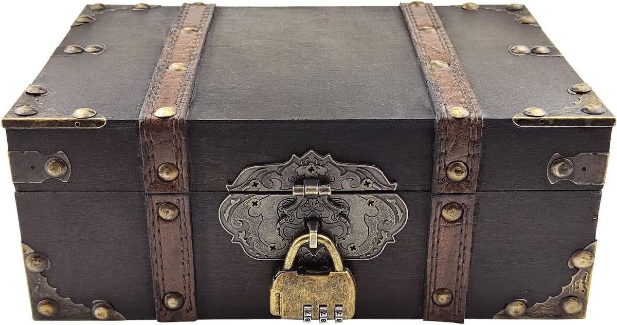 Vintage Decorative Wood Treasure Chest with Lock Jewelry Storage Box, Grey