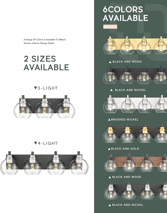 METWET Bathroom Light Fixtures, 3-Light Black and Brushed Nickel Bathroom