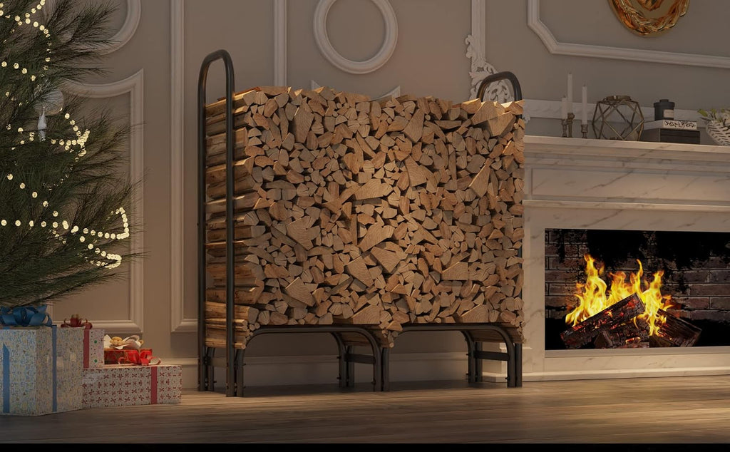 4ft Firewood Rack Heavy Duty Indoor Outdoor Firewood Storage Log Rack with Cover，Black Round Tube