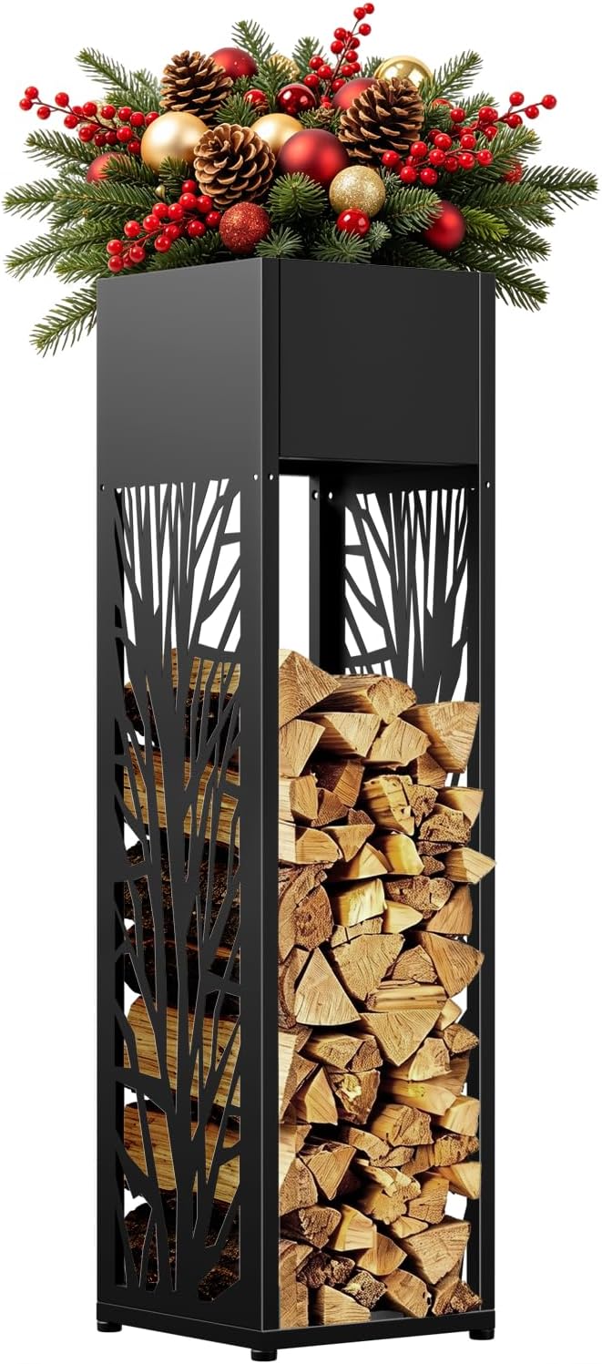 4ft Firewood Rack Outdoor, Fire Wood Log Storage with Planter Box for Indoor, Black