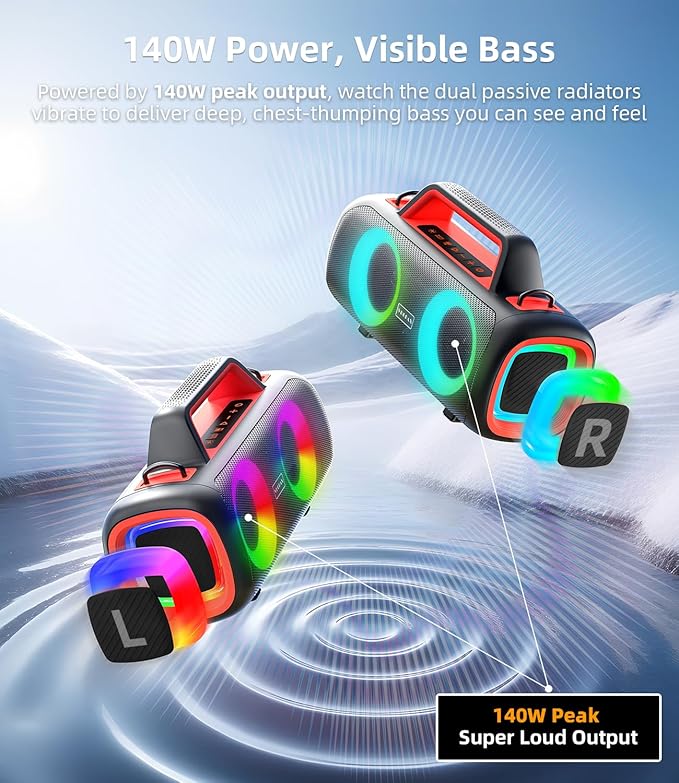 Portable Bluetooth Speaker Wireless, 140W Peak Loud Sound