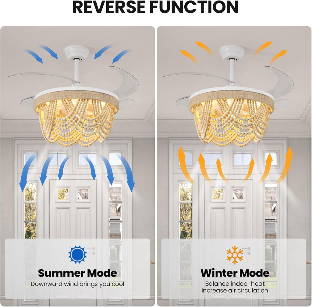 KAISITE Retractable Fandelier Ceiling Fan with Light 35" Boho Chandelier Ceiling Fan with Remote 6 Speeds Wood Beaded Semi-Flush Downrod Ceiling Fan Light for Bedroom Living Room