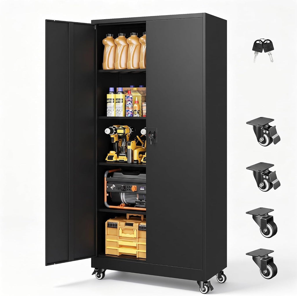 Metal Garage Storage Cabinet with Locking Doors and Adjustable Shelves, Wide & Deep Garage Cabinet on Wheels, 74.5" Rolling Tool Cabinet for Garage, Basement, Home Office