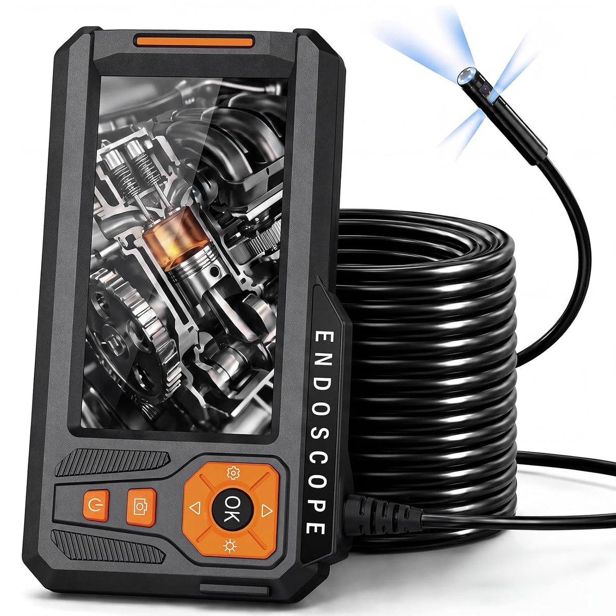 Triple Lens Borescope, 5" IPS Screen, 1080P Photo & Video, 50FT Cable