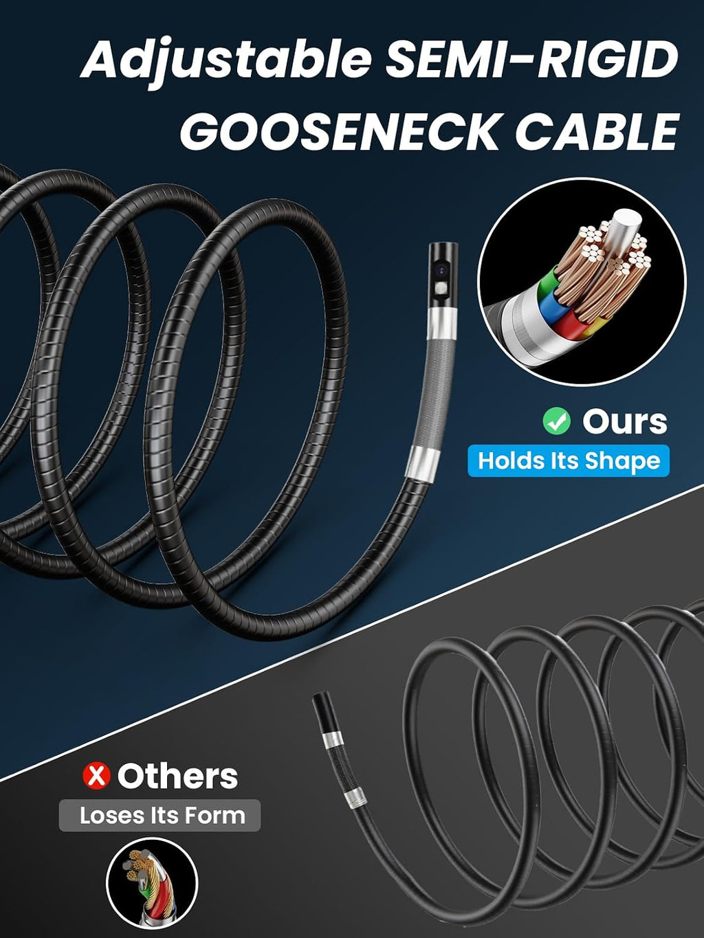 acoath two-way articulating borescope, endoscope camera with light showing dimensions