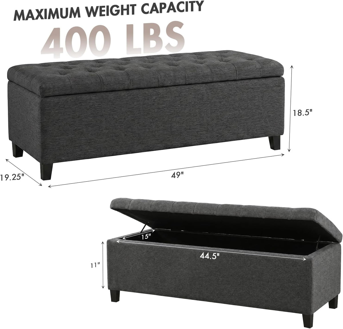 madison park 49" upholstered storage bench, button tufted, close-up detail