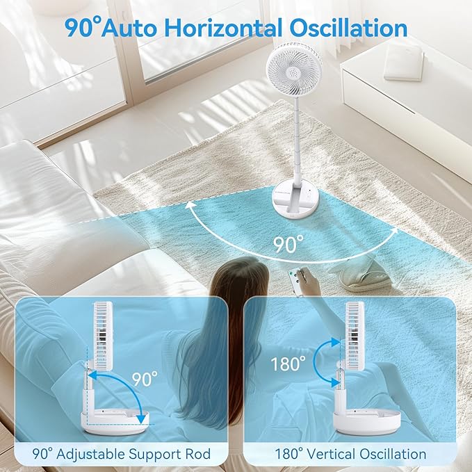 Primelove Portable Oscillating Rechargeable Fan, Battery Operated