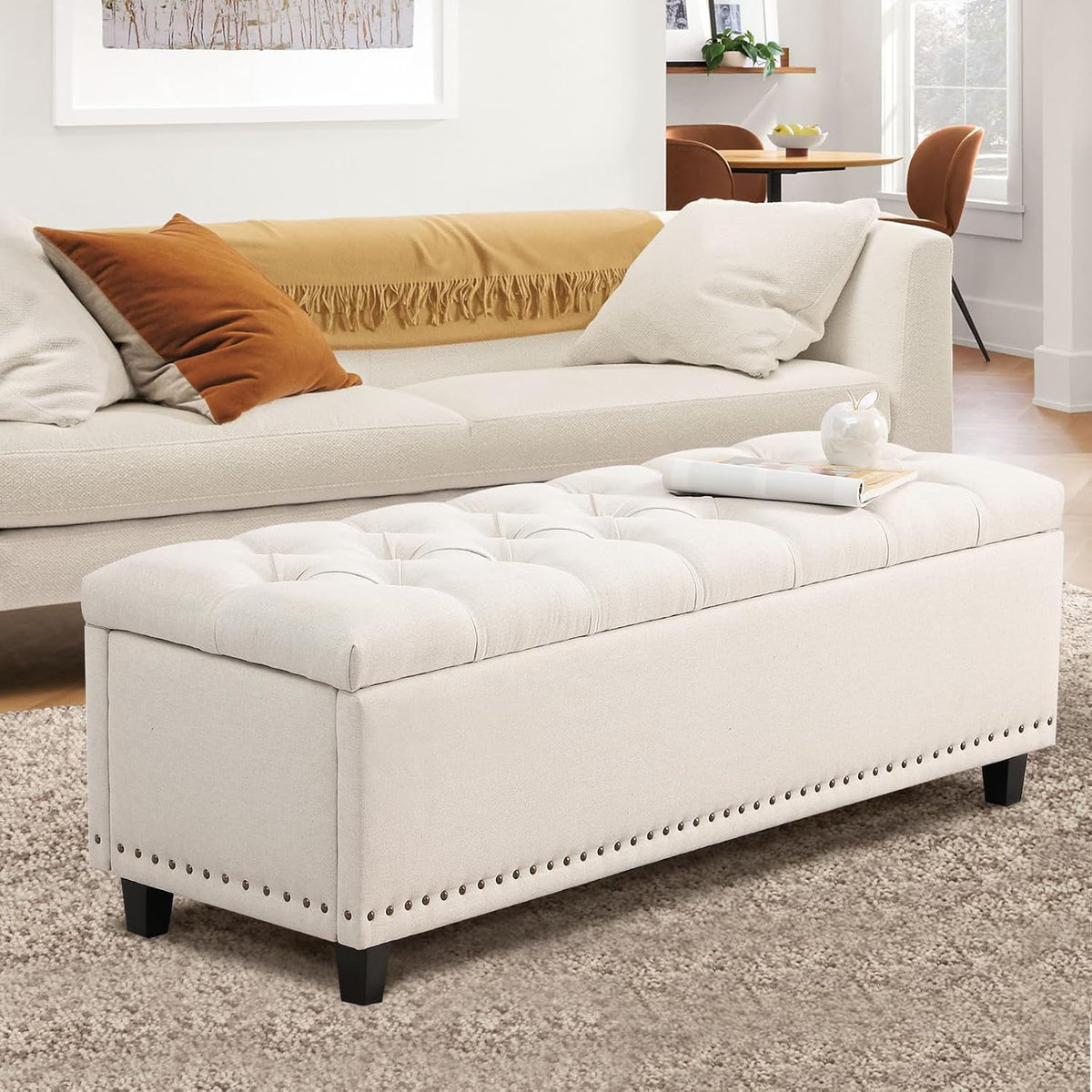 51" storage bench for bedroom, tufted storage ottoman, close-up detail