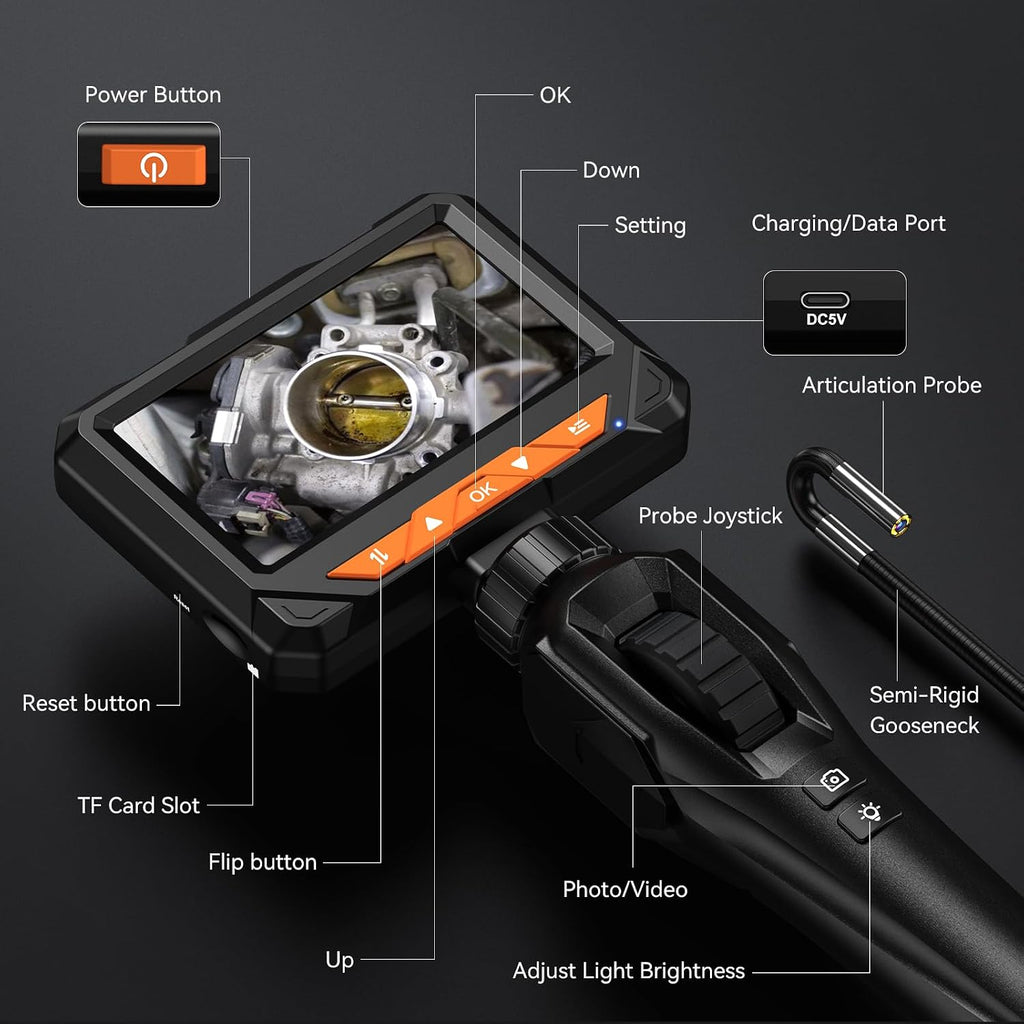 two-way 210° articulating borescope, 4.3" 1080p endoscope camera, front angle view