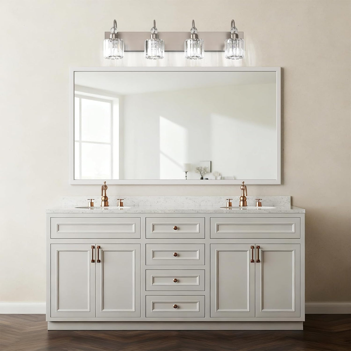 Ralbay 4-Light Crystal Vanity Light for Bathroom Brushed Nickel Modern Bathroom Light Fixtures