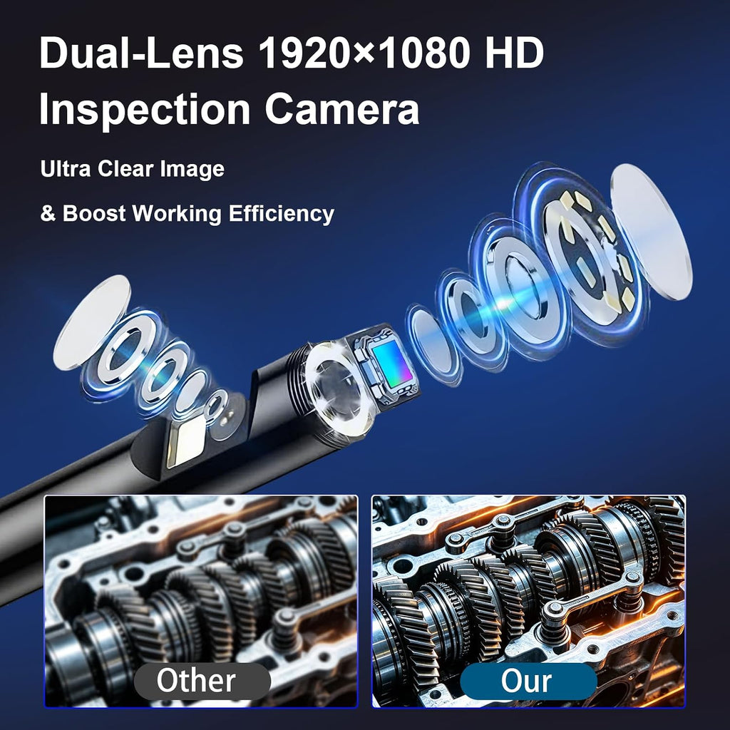 dual lens endoscope camera with light, 5" ips shown in use
