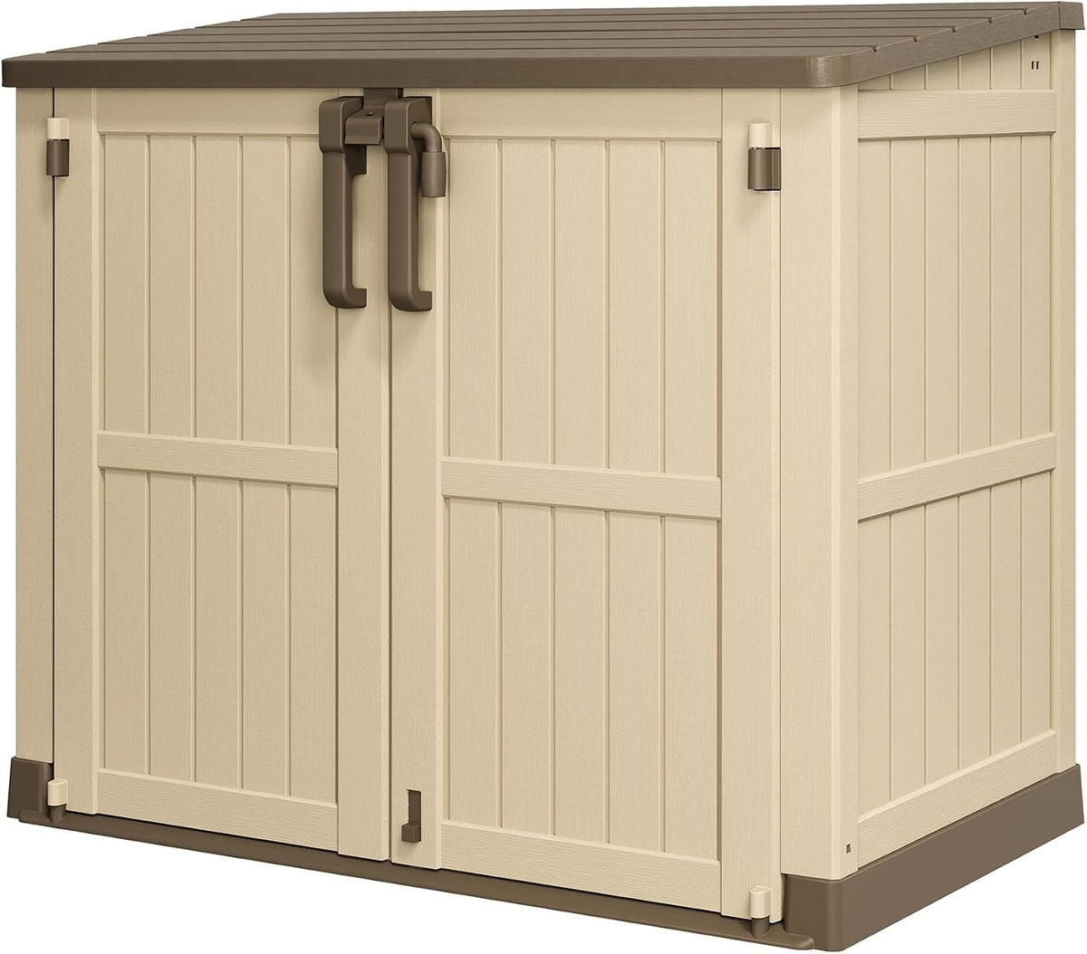 Plastic Outdoor Storage Shed, 36 Cu Ft Waterproof Outdoor Storage Cabinet with Dual Lock Door for Backyard, Patio, Garage, Garden to Store Tools & Accessories, Wood-Grain (Brown-Beige)