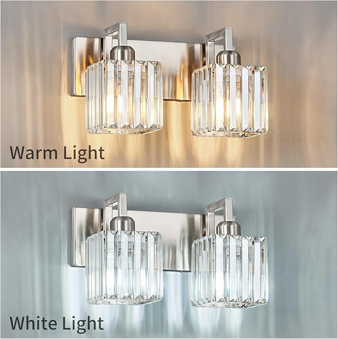 FDPBY Modern Bathroom Vanity Light 2-Lights Brushed Nickel Vanity Light Crystal