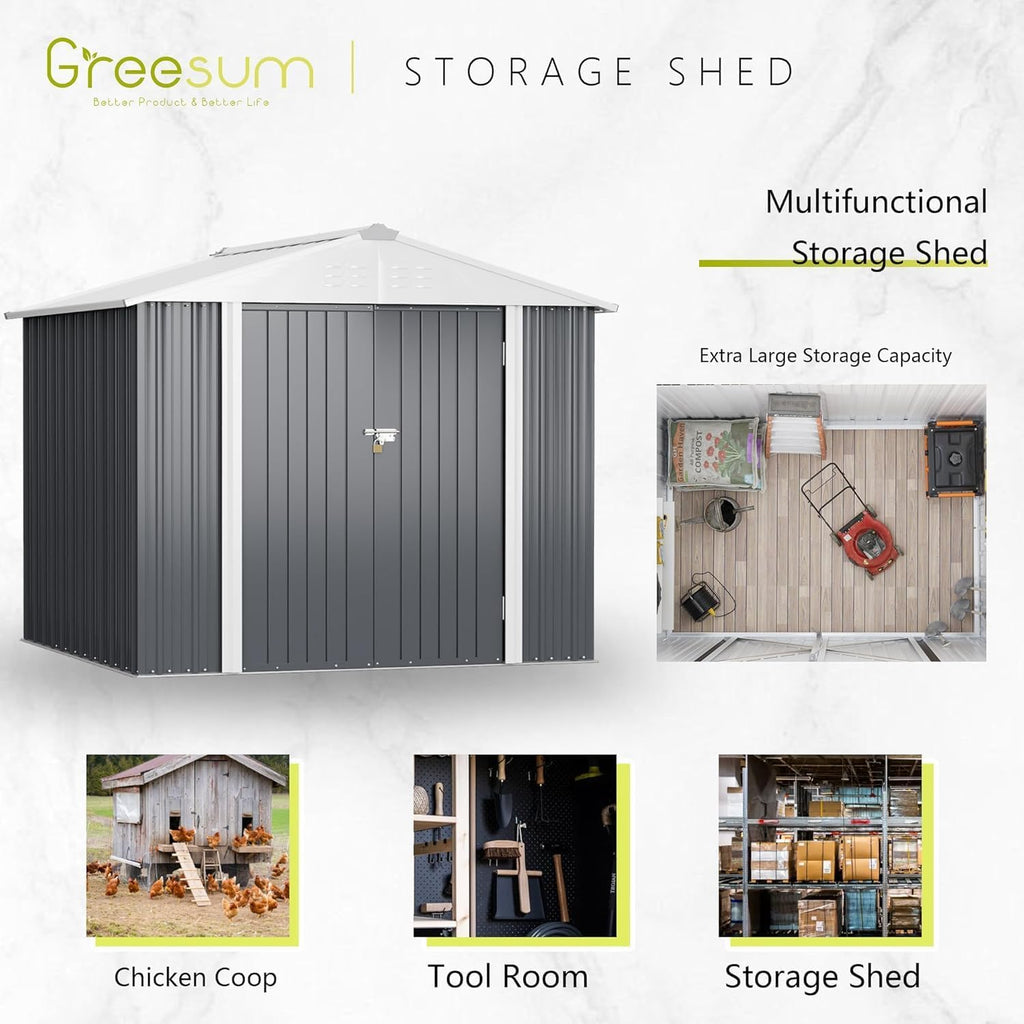 greesum 8x6ft outdoor storage shed, gray showing dimensions