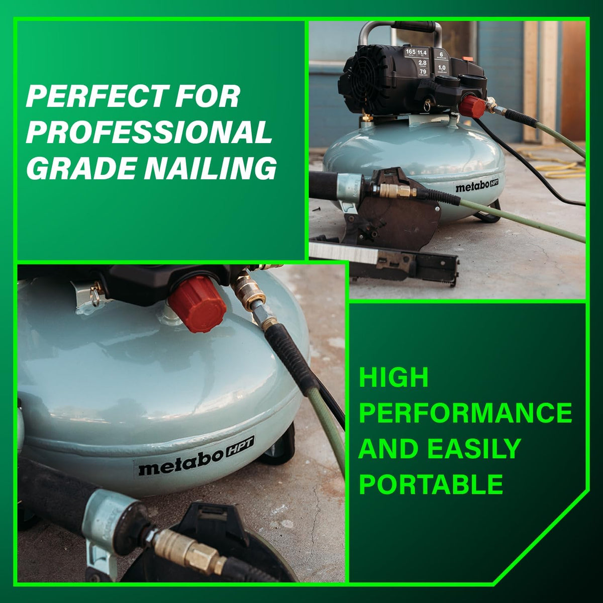 Metabo HPT Pancake Air Compressor, 6-Gallon 165PSI, Portable Air Compressor with 1.0 HP Oil-Free High Efficiency Motor, Lihghtweight, Quick Couplers for Fast Tool Changes, EC711S