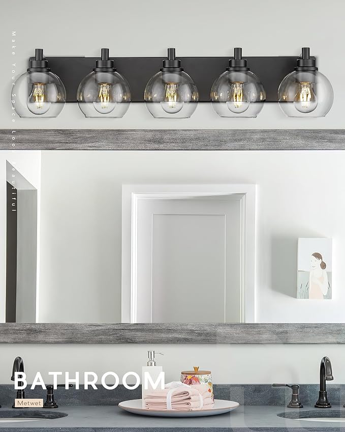 METWET Bathroom Light Fixtures, 5 Light Matte Black Vanity Light, 32 Inch