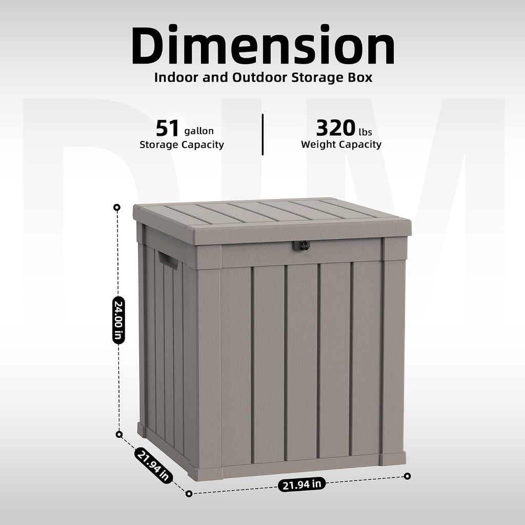 vixzen 51 gallon deck boxes outdoor waterproof, lockable showing dimensions
