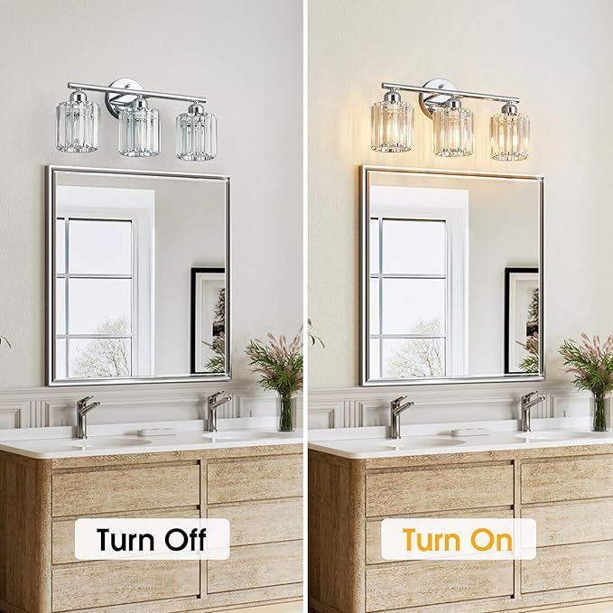 FDPBY Modern 3 Light Crystal Vanity Light, Chrome Vertical Bathroom Light