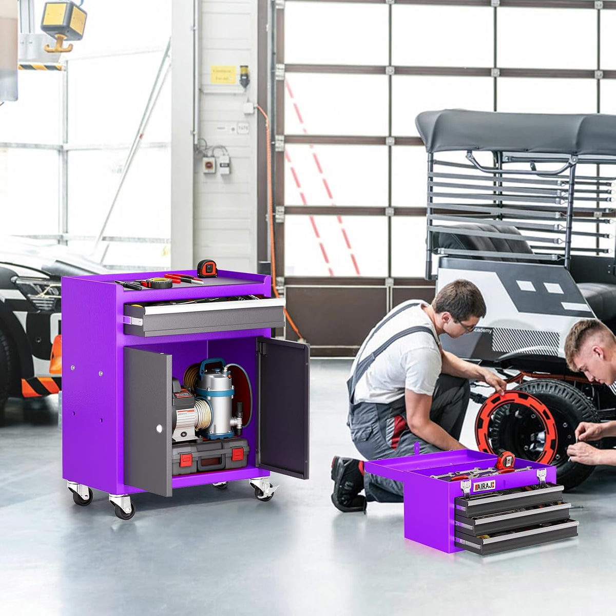 4-drawer rolling tool chest with wheels,40" lockable 2-in-1 shown in use