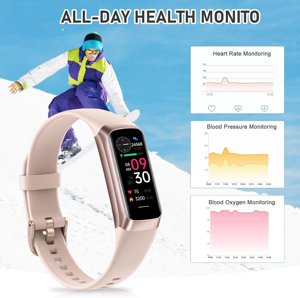 fitness tracker with 24/7heart rate, blood pressure, sleep shown in use