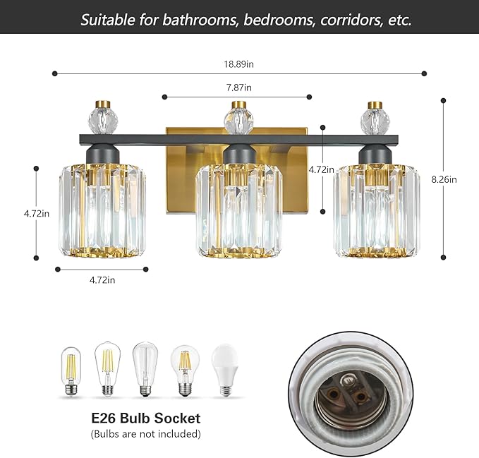 FDPBY Bathroom Vanity Lights 3-Light Sand Black Gold Modern Crystal Vanity