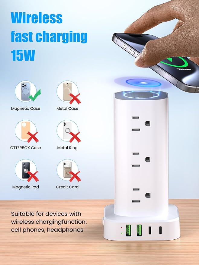 Tower Power Strip with 15W Wireless Charger, 6FT Flat Plug Extension Cord with